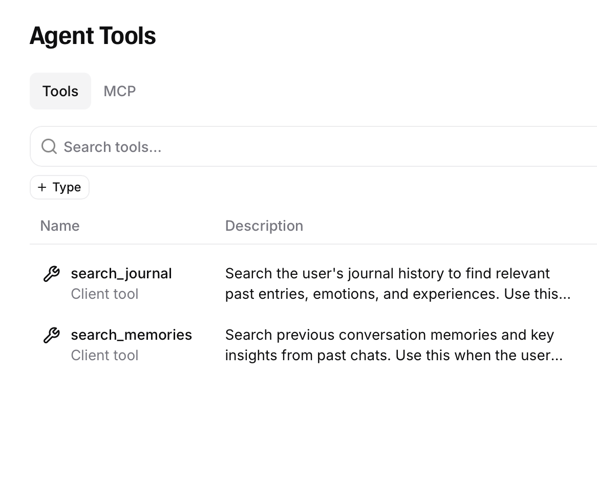 ElevenLabs Agent Tools panel showing search_journal and search_memories